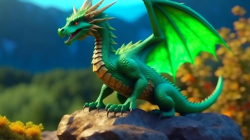 зеленый дракон сидит на камне
