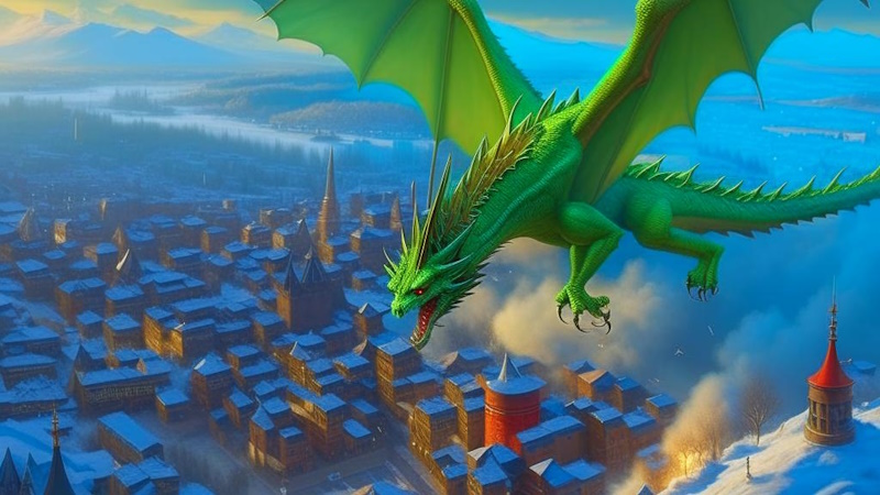 дракон летит над зимним городом